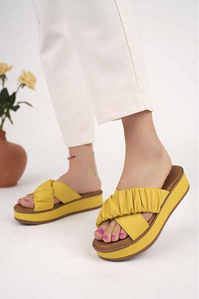 ERNİLA GENUINE LEATHER CROSSBANDED PADDED SOLE LEATHER COATED SLIPPERS