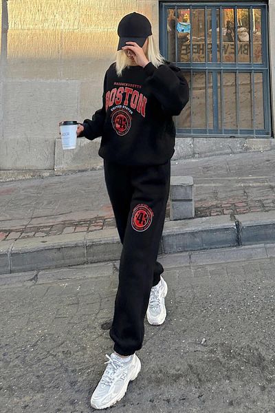 CERENCE AKÇA OKULCUNUZ Μαύρο Bstn εμπριμέ γυναικείο σετ αθλητικής φόρμας με ελαστική μέση και πόδι και ράστερ εσωτερικά