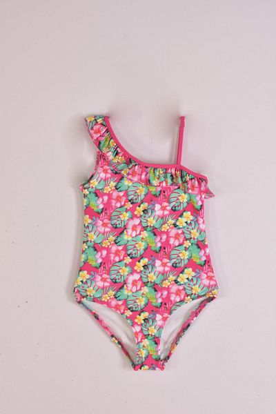 Pemilo Girl's 7251 One Shoulder Ruffle Floral Patterned Swimsuit PINK