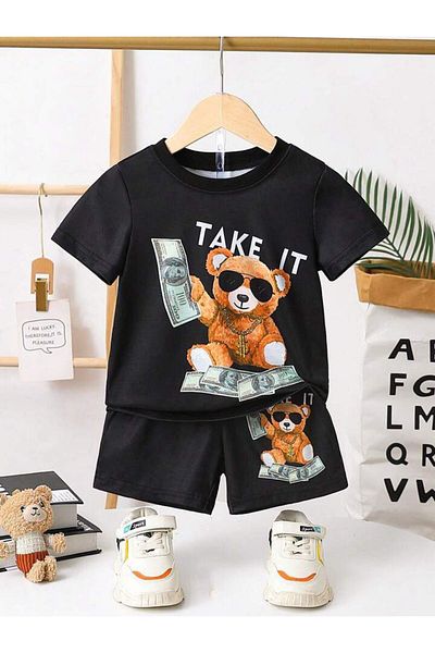 AMMA Children's Teddy Bear Printed T-shirt Shorts Top and Bottom Set