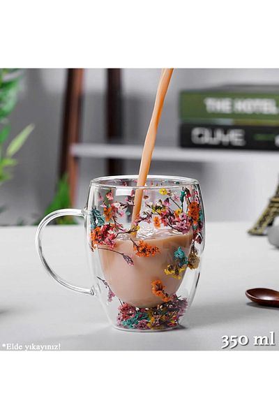 MİMOZA PARK 1 Floral Heat Resistant Borosilicate Double Wall Flower Cup| Floral Coffee Presentation Cup