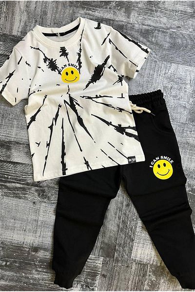 Riccotarz Boy's Smile Emoji Printed Black Tracksuit Set