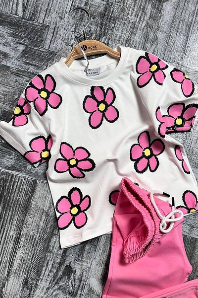 Riccotarz Girl's Daisy Printed T-Shirt Pink Tracksuit Set