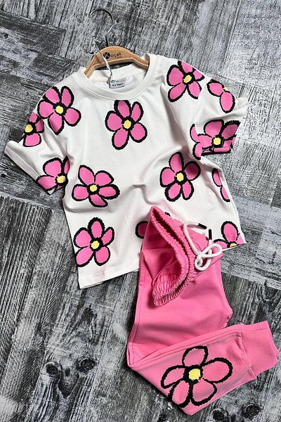Riccotarz Girl's Daisy Printed T-Shirt Pink Tracksuit Set