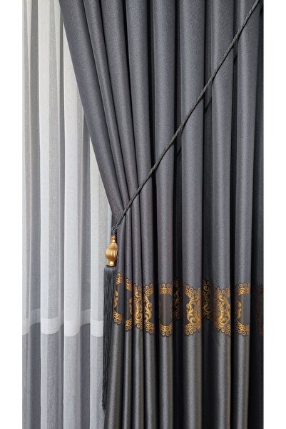 Yuka Panel Background Curtain Dark Gray and Gold Striped Single Wing Close Pleated Jacquard Modern Patterned