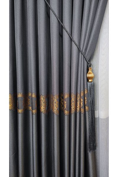 Yuka Panel Background Curtain Dark Gray and Gold Striped Single Wing Close Pleated Jacquard Modern Patterned