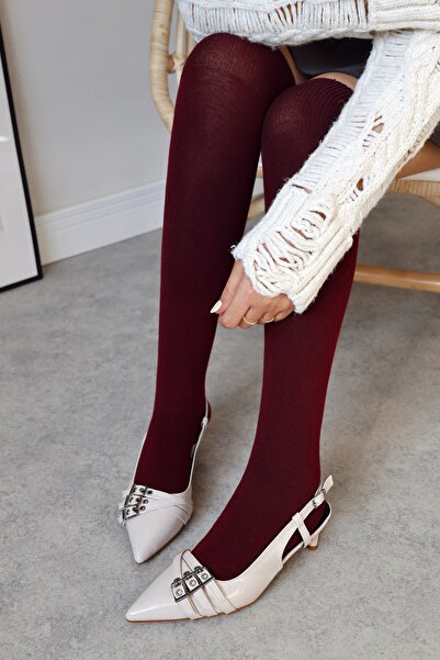 POLKA STORE Candy Pointed Toe Capsule Three-Striped Buckle Beige Nude Patent Leather Heeled Women's Shoes