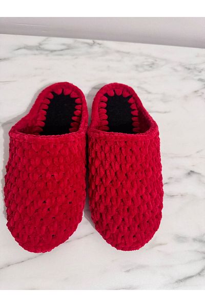 MERUT STYLE HAYATINI RENKLENDİR Red Velvet House Slippers - Rope Knitted