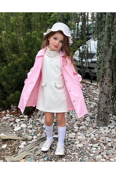 Poyraz Fashion Kids Girl's Ruffle Detailed Pink Trench Coat with Pearls Dress and Hat Seasonal Winter Suit Clothing Special