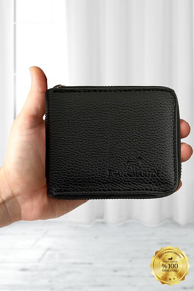 Frank Martin Leather Stylish Black Wallet with Horizontal Zipper and Money Compartment