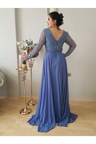 FERGAN KADIN MAVİ UZUN KOL PUL PATETLİ ŞİFON ABİYE ELBİSE