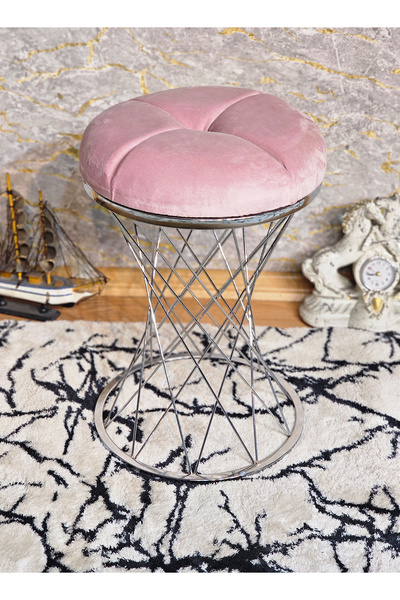 ZAFİR Yuvarlak Krom Kaplama Pembe Krem Puf Oturak - Bench - Ayak Ucu Oturak -...