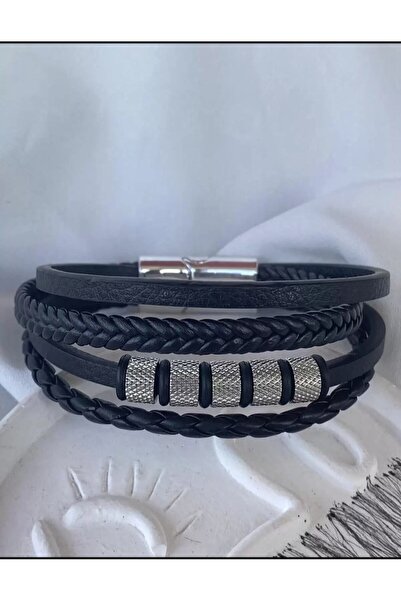 Aylish Bijuteri SİYAH ERKEK BEŞ YUVARLAK METAL DERİ ÇELİK BİLEKLİK