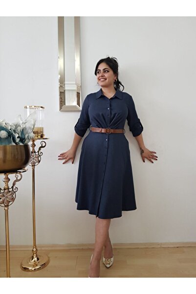 FERGAN Indigo Kloş Midi Boy Günlük Elbise