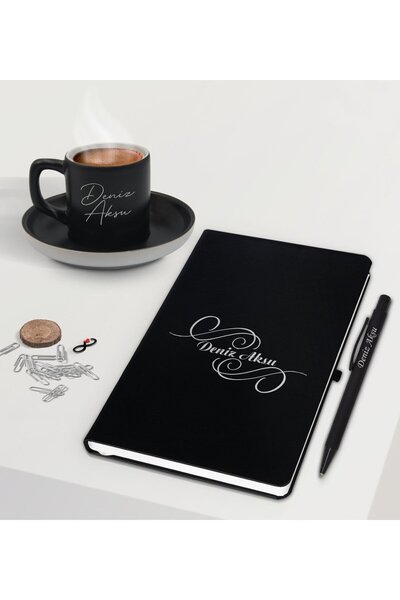 Bk Gift Kişiye Özel İsimli Siyah Defter Kalem ve Türk Kahvesi Fincanı Hediye ...