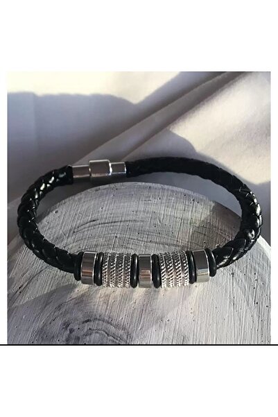 Aylish Bijuteri SİYAH ERKEK YUVARLAK ÖRGÜ METAL DERİ ÇELİK BİLEKLİK