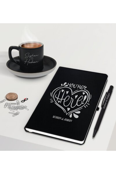 Bk Gift Sevgililere Özel İsimli Siyah Defter Kalem ve Türk Kahvesi Fincanı He...
