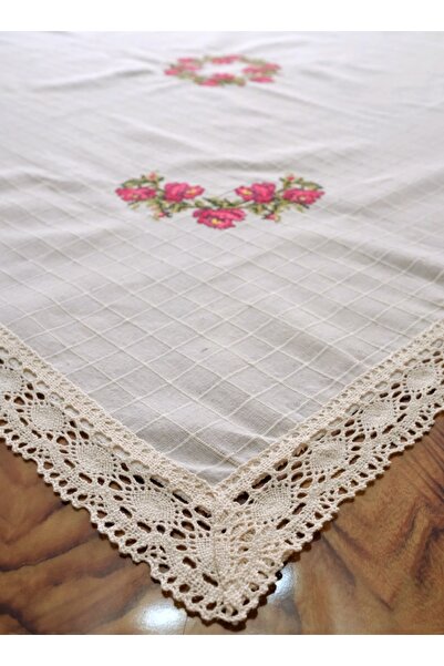 denizli hatırası Fata de masa cu dantela cu punct de cruce ROT 100x100 fiskos