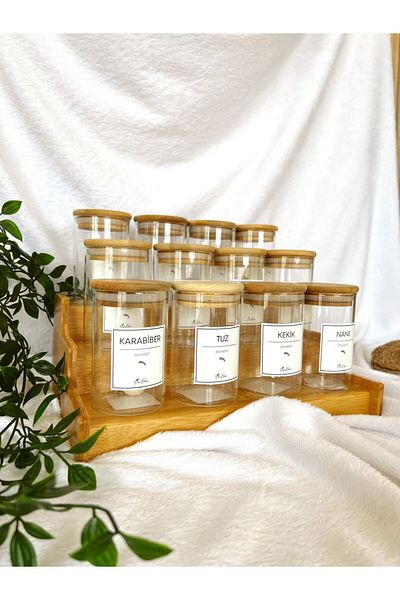 KaiHome Set of 12 300 ml Spice Jars with Wooden Ladder Stand and 12 Wooden Spoons