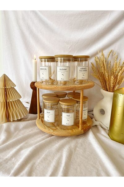 KaiHome 6-Piece Wooden Spice Set with Rotating Stand 350ml 6 Pieces Wooden Spoons