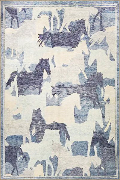 Rugs Modern Halı Blue Beige Themed Abstract Horse Patterned Modern Decorative...