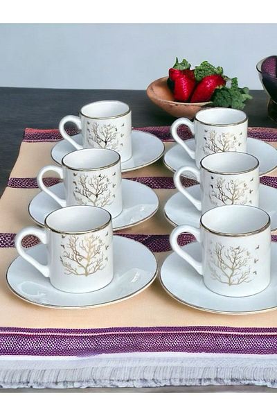 Akkoyunlu home Spruce Coffee Cup Set 6 People Porcelain Turkish Coffee Cup (Tree Pattern)