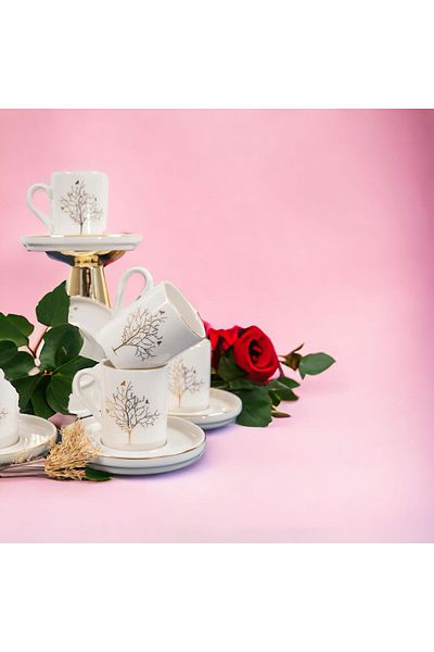 Akkoyunlu home Spruce Coffee Cup Set 6 People Porcelain Turkish Coffee Cup (Tree Pattern)