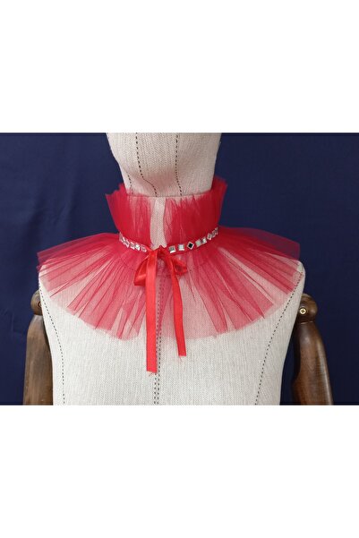 es moda shop Jolie taş detaylı tül boyunluk kırmızı