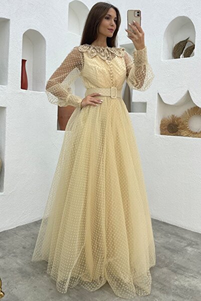 Elbise Delisi Kadın Krem Puantiye Tül Kemerli Yaka Detay Abiye Elbise