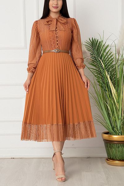 Elbise Delisi Tan Halter Neck French Guipure Pleated Evening Dress