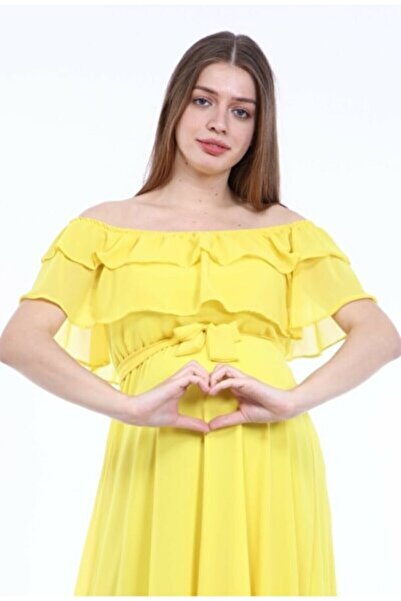 Elbise Delisi Sarı Madonna Fırfır Yaka Büyük Beden Şifon Emzirmeye Uygun Hamile Elbisesi