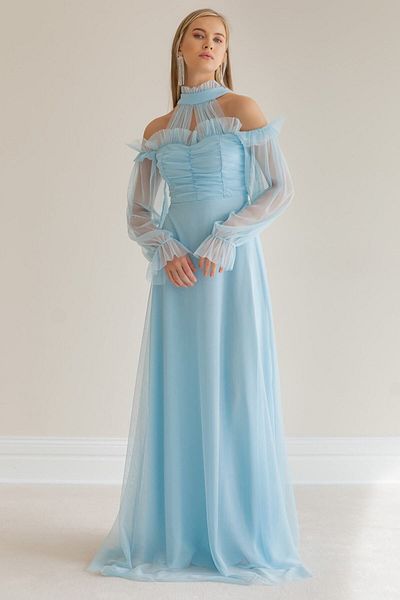 Elbise Delisi Women's Baby Blue Tulle Draped Plus Size Evening Dress