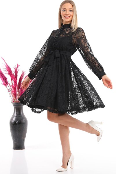 Elbise Delisi Siyah Fransız Güpür Düğmeli Büyük Beden Abiye Elbise