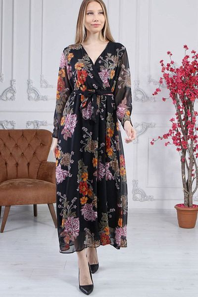Elbise Delisi Women's Black Double-breasted Collar Flower Pattern Large Size Dress