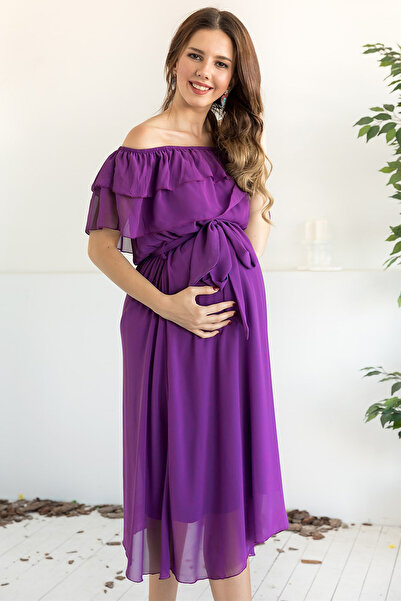 Elbise Delisi Mürdüm Madonna Fırfır Yaka Büyük Beden Şifon Hamile Elbisesi