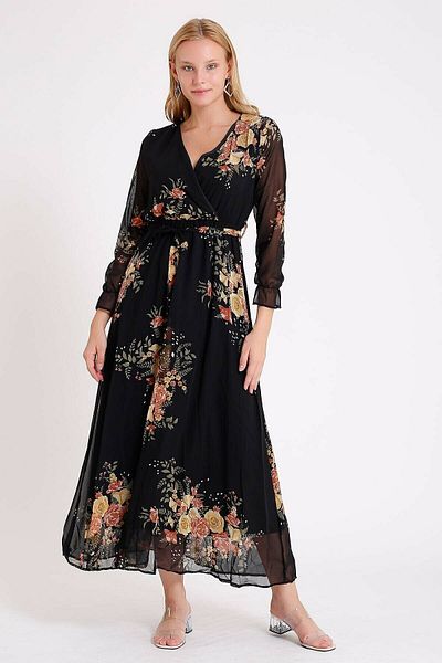 Elbise Delisi Wrapped Yellow Floral Double-breasted Chiffon Dress