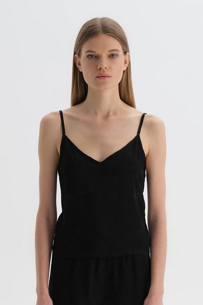 Dagi Black Fixed Strap Viscose Athlete Pajamas Top