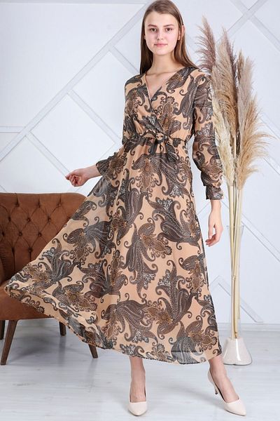 Elbise Delisi Women's Ethnic Cream Color Ethnic Pattern Double Breasted Collar Plus Size Chiffon Dress