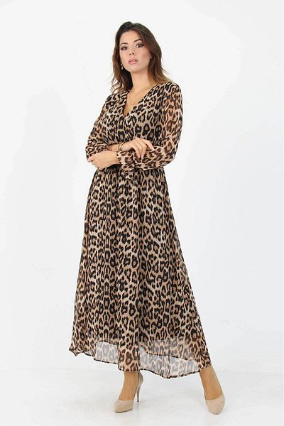 Elbise Delisi Women's Leopard Long Double-breasted Collar Chiffon Dress