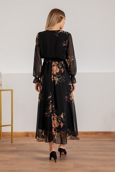 Elbise Delisi Black Yellow Floral Double Breasted Collar Long Chiffon Dress