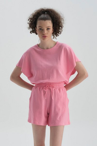 Dagi Μπλουζάκι Pink Crew Neck Cotton Crop