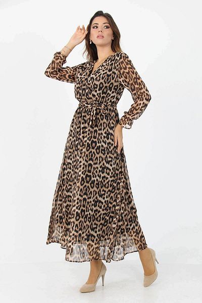 Elbise Delisi Women's Leopard Long Double-breasted Collar Chiffon Dress