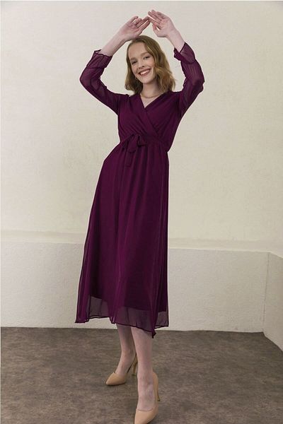 Elbise Delisi Purple Lined Double Breasted Collar Long Chiffon Dress