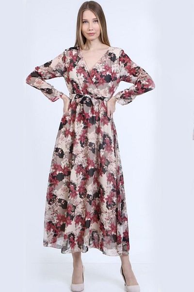 Elbise Delisi Legendary Floral Double-breasted Collar Wintery Chiffon Dress
