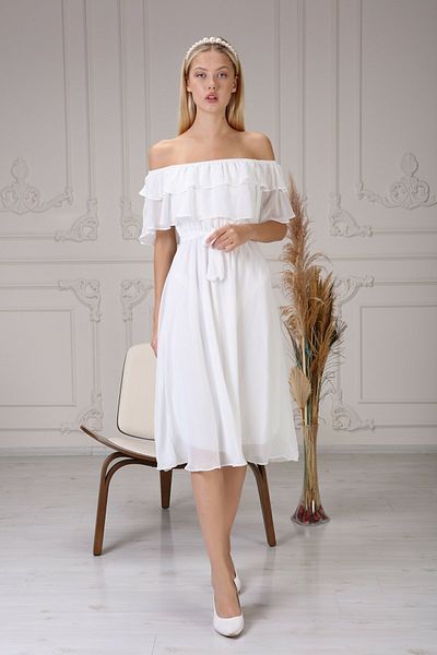 Elbise Delisi White Carmen Madonna Collar Plus Size Chiffon Dress