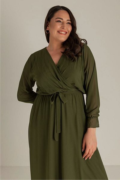 Elbise Delisi Khaki Plus Size Lined Belted Chiffon Dress