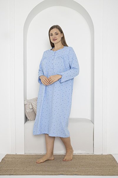 SEBOTEKS Uzun Kol Düğmeli Yaka %100 Pamuklu Penye Büyük Beden Anne Geceliği 933