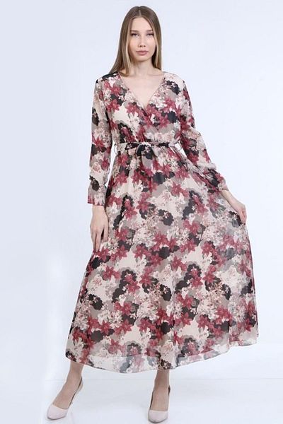 Elbise Delisi Legendary Floral Double-breasted Collar Wintery Chiffon Dress