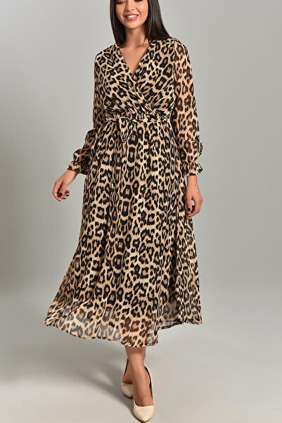 Elbise Delisi Leopard Pattern Double-breasted Plus Size Chiffon Dress