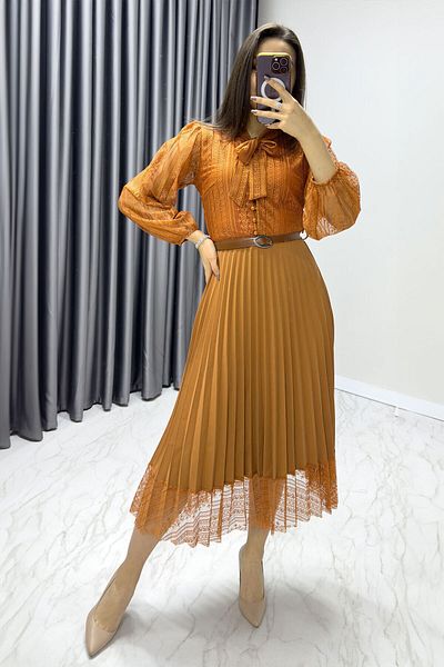 Elbise Delisi Tan Halter Neck French Guipure Pleated Evening Dress
